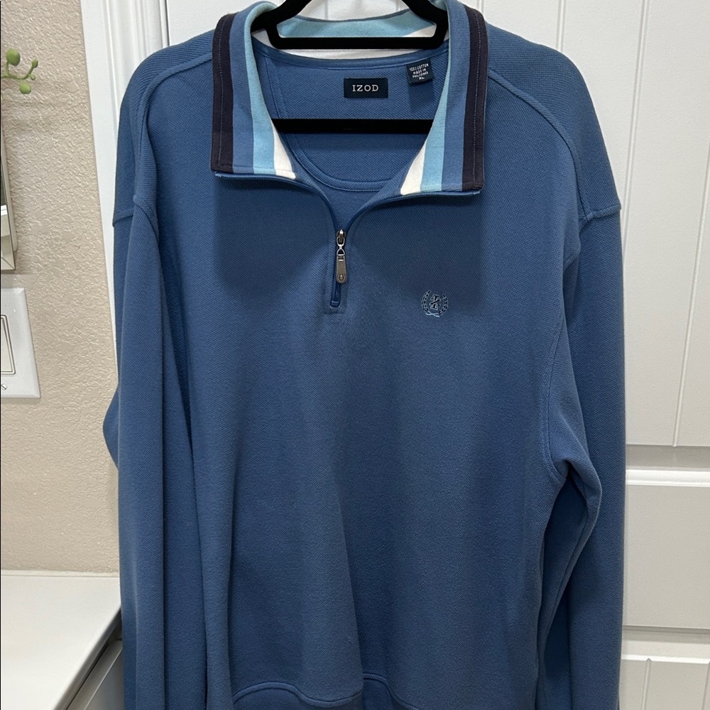 IZOD Men's Zip-Up Sweater in Blue with Striped Collar